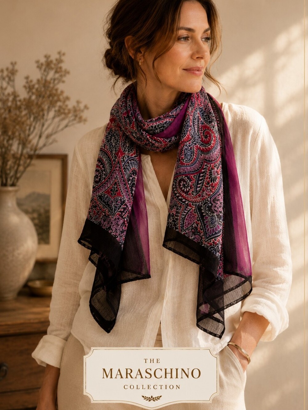 J. Jill Vintage Luxe Silk Raspberry Paisley Scarf | 68x22